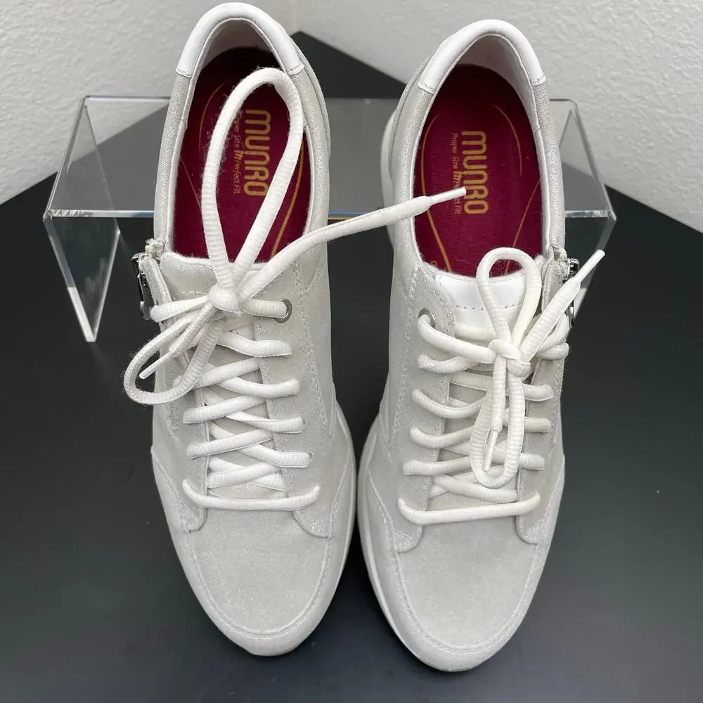 Munro Sutton Women Silver Leather Comfort Sneakers Side Zip Lace Up Shoes 11M